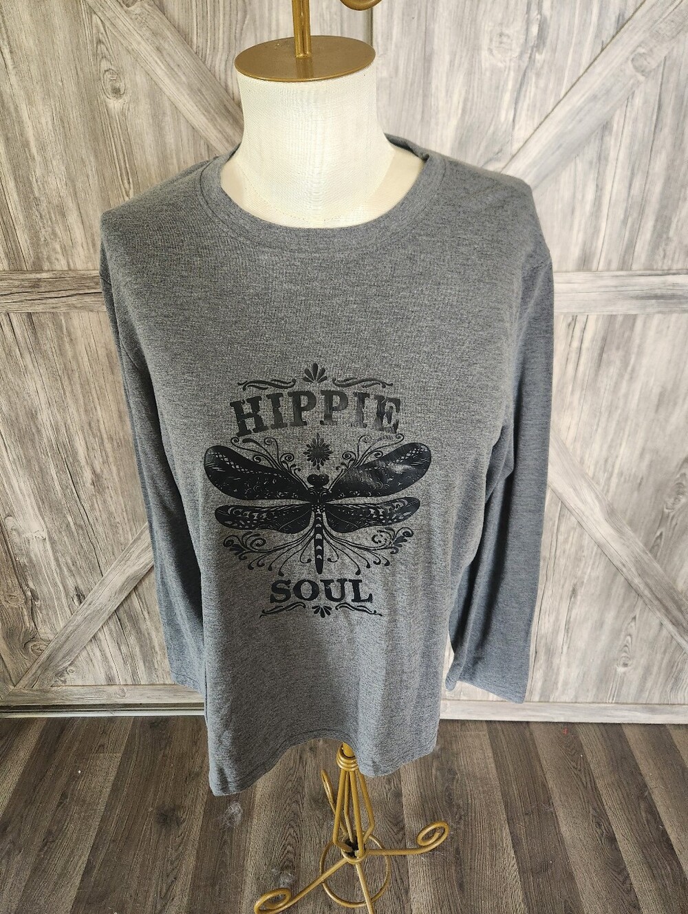 Hippie Soul Dragonfly Graphic Long Sleeve Tee - Gray